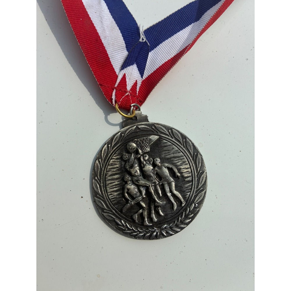 Vintage Basketball Medallion Silver Tone Sports Medal Red White Blue Ribbon